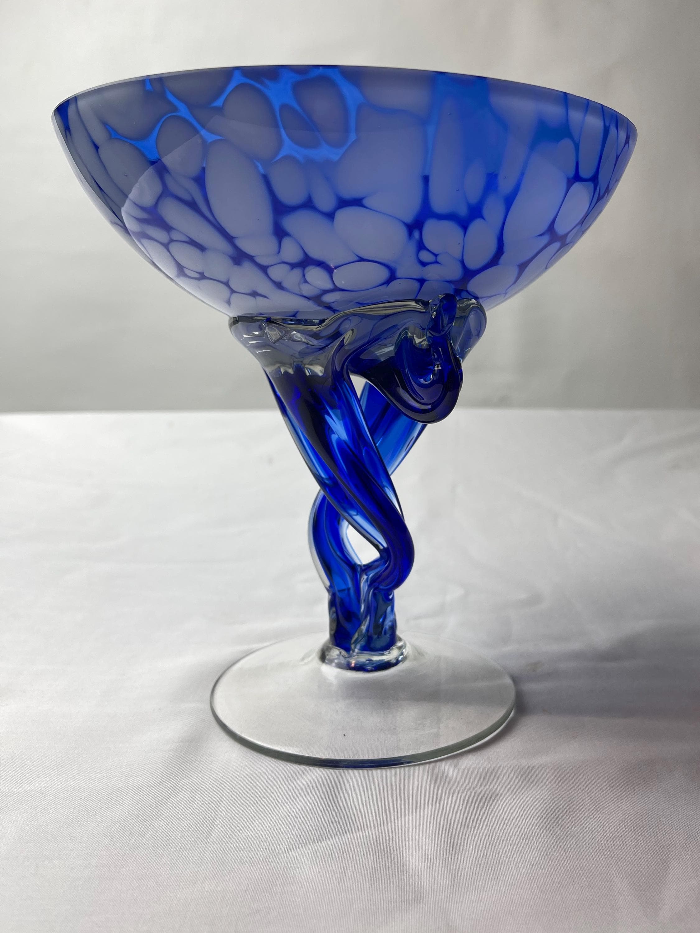 Vintage Jozefina Krosno Art Glass Bowl | Blue Hand Blown Footed