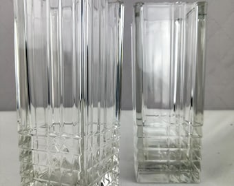 Pair of Vintage Bormioli Rocco Crystal Vase, Geometric Quadro Design, Made in Italy