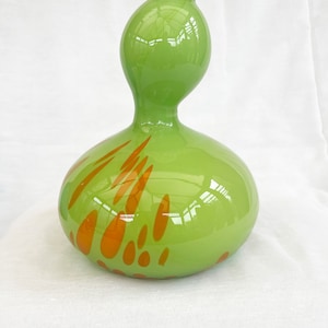 1960&#39;s Psychedelia, bright vintage lime green and retro hot orange free form, hand blown, art glass vase