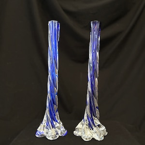 Pair of Vintage Cobalt Blue Encased Twisted Art Glass Vases. Retro Elephant Foot Base, Pristine condition, Mid century accent home decor