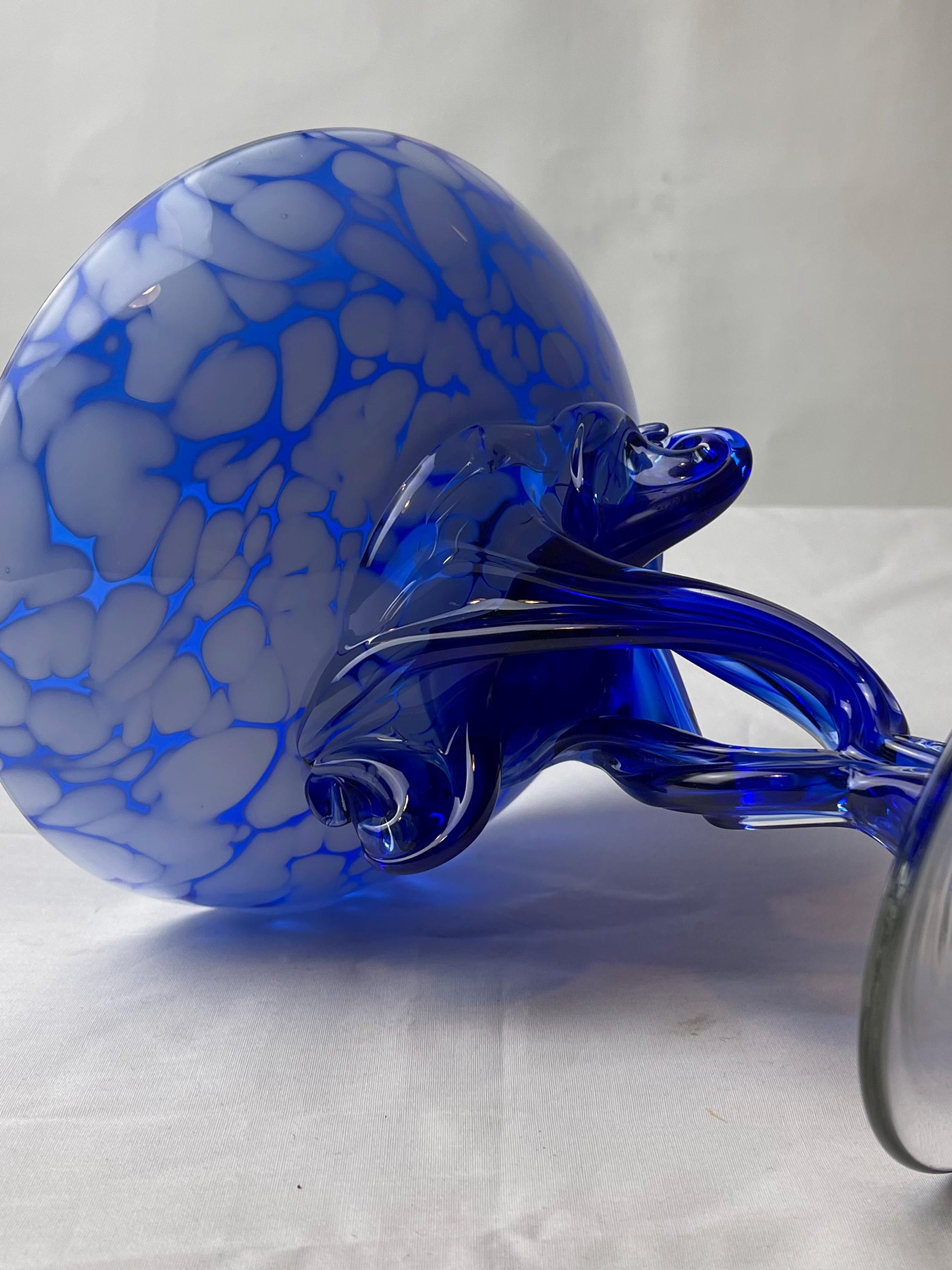 Vintage Jozefina Krosno Art Glass Bowl | Blue Hand Blown Footed