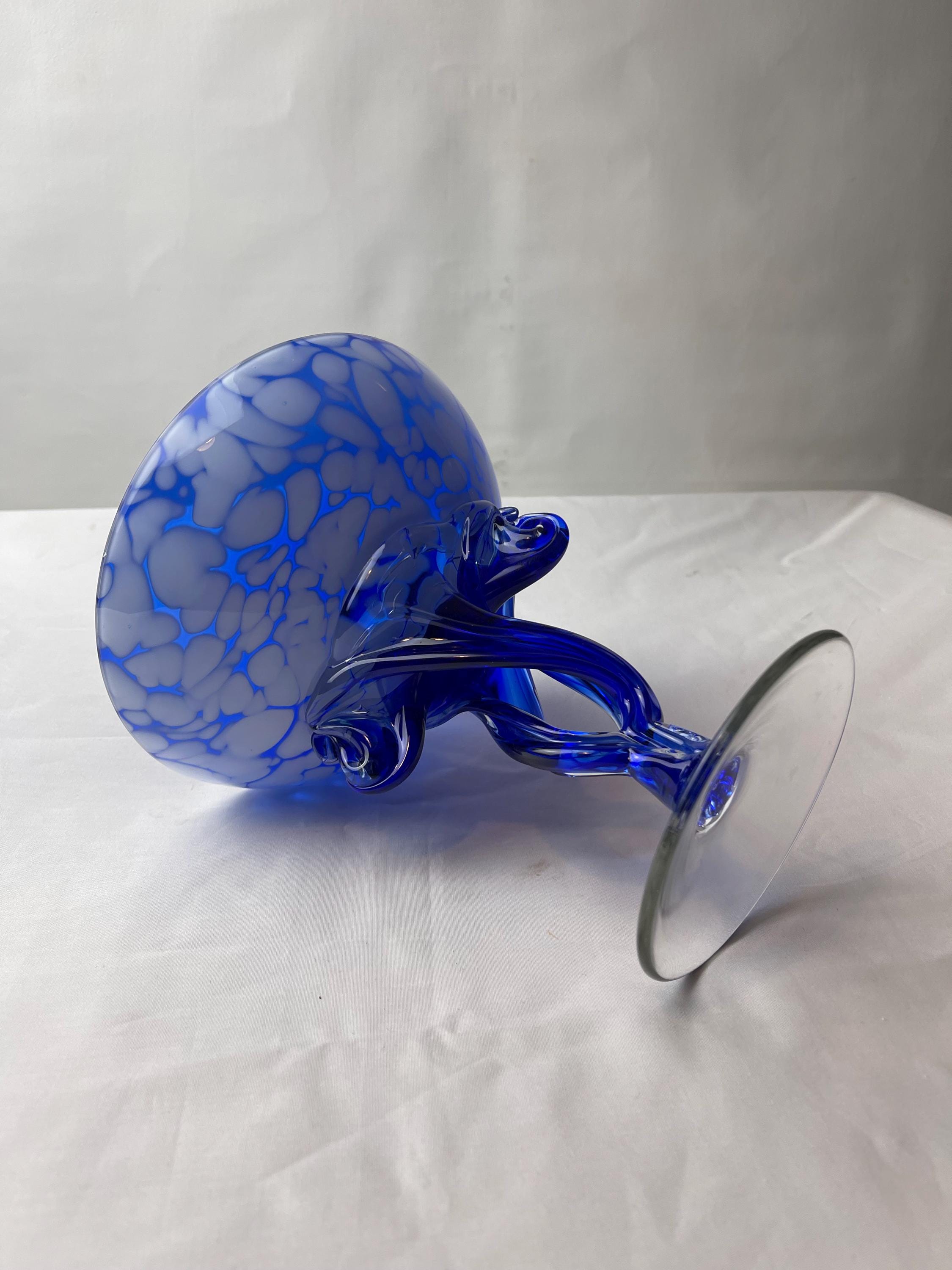 Vintage Jozefina Krosno Art Glass Bowl | Blue Hand Blown Footed