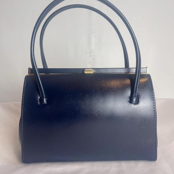 Vintage Classics Debenhams Navy Blue Kelly Handbag. Made in England. Retro 1960's Navy Bag,
