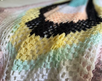 Vintage Hand Crocheted Granny Blanket, Pastel Tones, Retro Throw