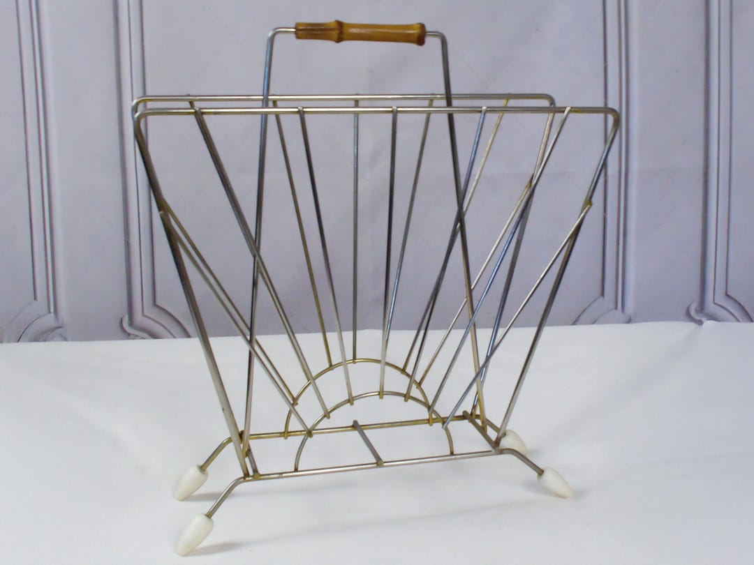 Mid Century Metal Sun Ray Magazine Rack With Bamboo Handle, Atomic Era ...