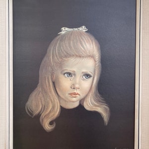 Lámina enmarcada de la niña llorando de Irene Spencer, década de 1960