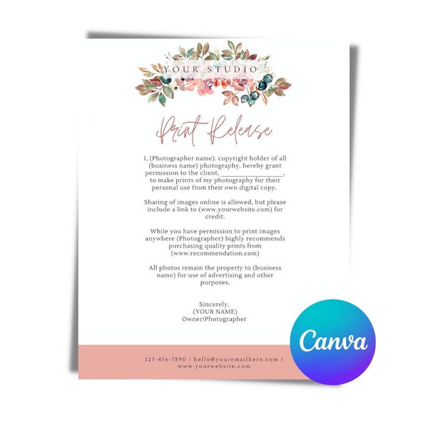 Floral Photographer Print Release Canva Template, Photography Print Release, Photographer Client Print Form, Client Print Release