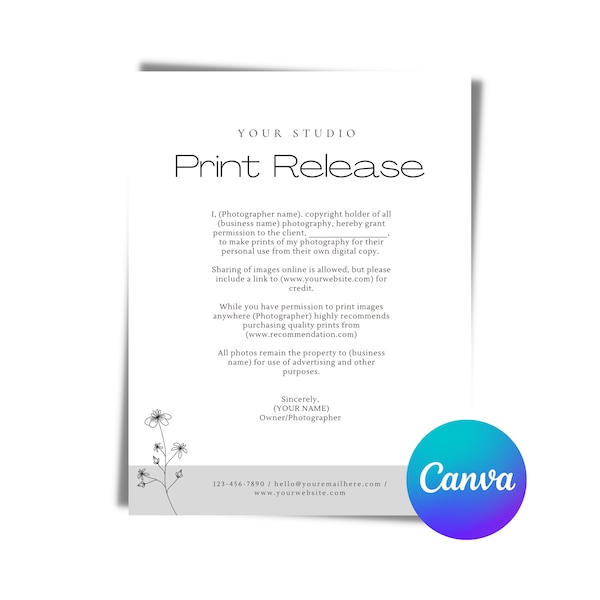 Simple Photographer Print Release Canva Template, Simple Photography Print Release, Client Print Release for Photographers