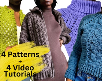May include: Four crochet sweater patterns with video tutorials. The sweaters are in green, gray, purple, and blue.