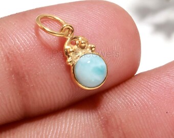 Natural Blue Larimar Round Gemstone Charm, Solid 18k Gold Charm, Charm Pendant, Minimalist Gold Charm, Handmade Gold Charm, Gift For Her