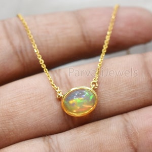 Natural Fire Opal 18k Solid Gold Charm Necklace Jewelry, Oval Shape Opal Charm Necklace, 18K Solid Gold Necklace, October Birthstone Jewelry
