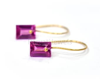 Lab-Simulated Tourmaline Gold Earrings, 14K & 18K Gold Earrings, Pink Tourmaline Gold Earrings, Handmade Gold Earrings, Dangle Gold Earrings