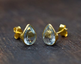 Handmade 18k Gold Blue Topaz Pear Stud Earrings
