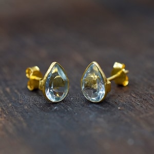 Natural Blue Topaz Stud Earrings, Solid 18k Gold Earrings, Drop Stud Earrings, Handmade Gold Earrings, Gemstone Stud Earrings, Gift For Her