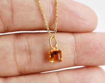 18k Solid Gold Citrine Charm, Square Cut Gemstone Pendant, November Birthstone
