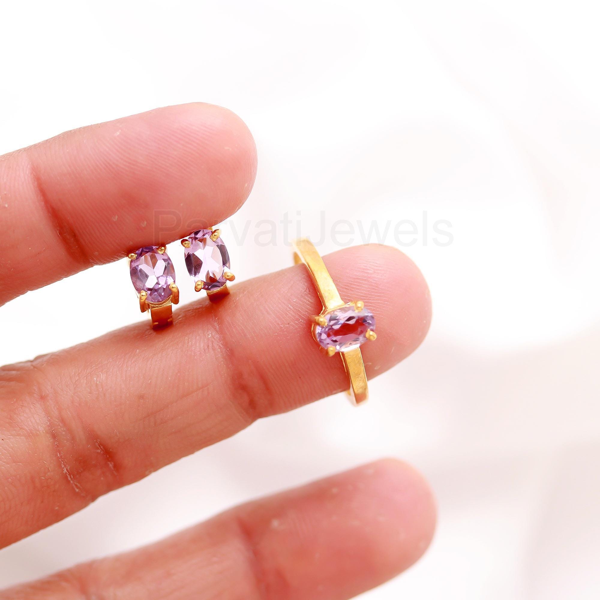 14ct アメジストリング・指輪シルバー925K18YG金ゴールドヴェルメイユ 手作りのアメジストリングとイヤリングのセット、14金ヴェルメイユ