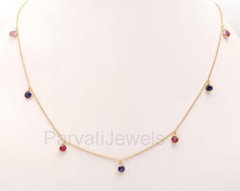 Ruby Sapphire 18k Gold Charm Necklace, Handmade Dainty Gemstone
