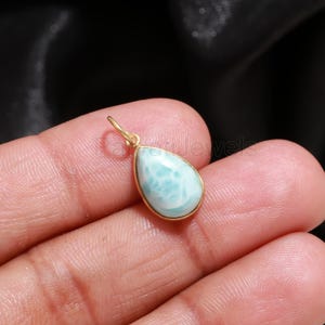 Natural Pear Shaped Larimar Charm, Larimar Gemstone Charm, Solid Gold Charm, Minimalist Gold Charm, Handcrafted Gold Charm, Dainty Charm,
