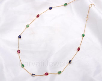 Collana con rubino, smeraldo e zaffiro naturali, collana in oro massiccio 14k, collana con pietre preziose naturali, collana in oro, collana in oro con pietra portafortuna,
