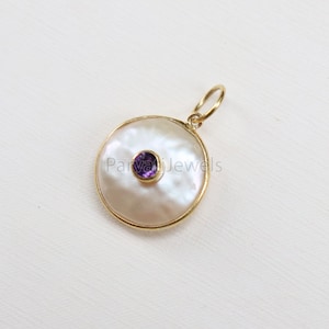 Natural Amethyst & Disc Pearl Charm, 18k Solid Gold Charm, Natural Pearl Gold Charm, Pearl Charm Necklace, February Birthstone, SOLID 18K