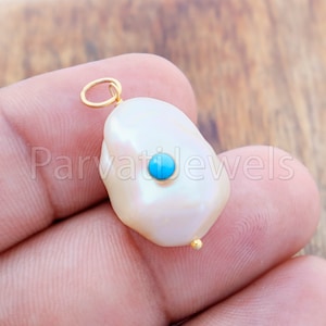 Natural Sleeping Beauty Turquoise Pave Baroque Pearl Charm, 18k Solid Gold Charm, Pearl Gold Charm, , Pearl Charm Necklace, Charm Pendant