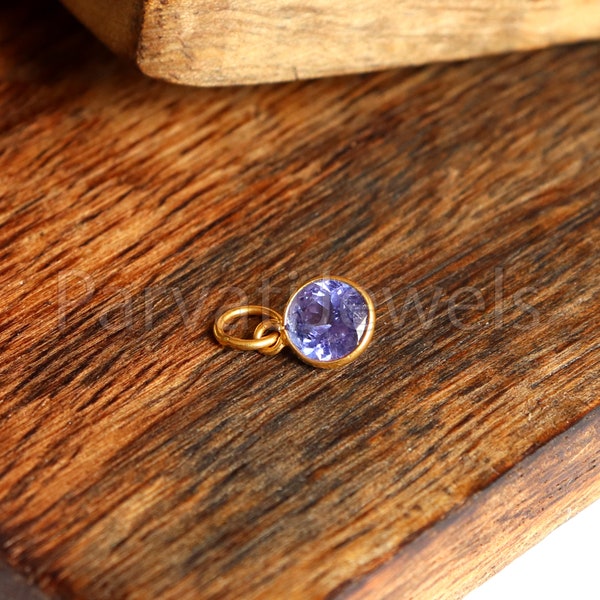 Natural Tanzanite Charm, 18k Solid Gold Charm, Handmade Gold Charm, 5x5 mm Round, 4.5 mm bail, Tanzanite Dainty Charm, Minimalist Pendant