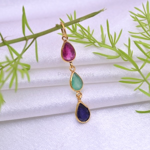 Naturlig rubin smaragd safir ädelstensberlock, massivt 18K guldberlock, smaragd safirberlock, födelsestensberlock-hänge, handgjort, 4x6 päron