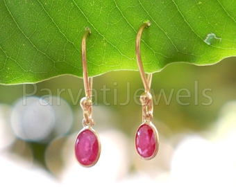 18K Gold Natural Ruby Dangle Earrings, Minimalist Style