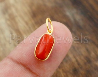 18k Solid Gold Natural Red Coral Charm Pendant, Handmade Gemstone Jewelry
