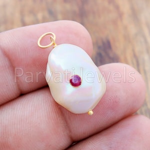 Natural Ruby Pave Baroque Pearl Charm, 18k Solid Gold Charm, Natural Pearl Gold Charm, GoldCharm, Pearl Charm Necklace, Pearl CharmPendent