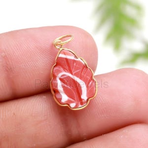AA Rhodochrosite Carving Gold Charm, 18k Solid Gold Charm, Charm Pendant, Handmade Gold Charm, Lab Rhodochrosite Charm, Gold Charm Pendant,