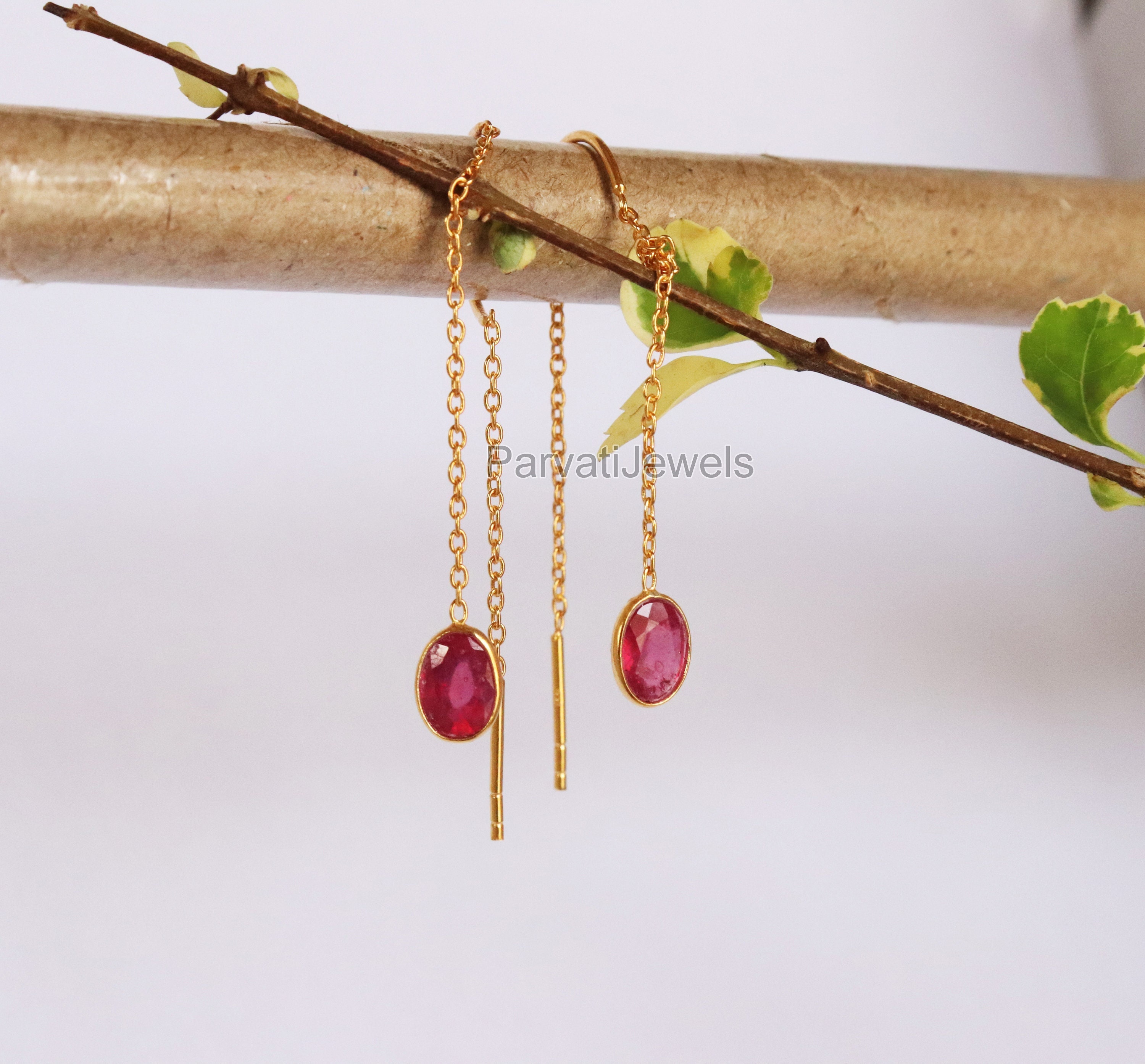 Handmade 14k Gold Ruby Threader Earrings, Minimalist Dangle Earrings