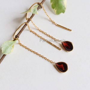 Natural Garnet  Solid 18k Gold Earring, Handmade Gold Earring, Minimalist Hanging Earring,  Thread Earring, Gift for Her, January Birthstone