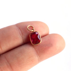 Op de afbeelding: Een gouden hanger met een rode edelsteen. De hanger heeft een rechthoekige vorm met afgeronde hoeken.
