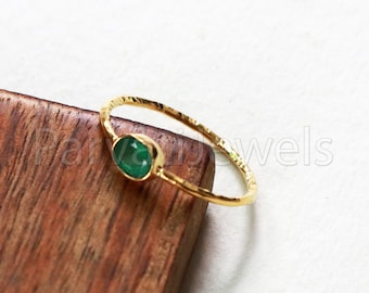 Handmade Emerald Ring, 18k Solid Gold Hammered Band, Engagement Ring
