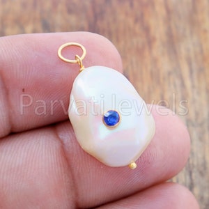 Natural Sapphire Pave Baroque Pearl Charm, 18k Solid Gold Charm, Natural Pearl Gold Charm, Gold Charm, Pearl Charm Necklace, Charm Pendant,