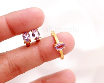 14ct アメジストリング・指輪シルバー925K18YG金ゴールドヴェルメイユ 手作りのアメジストリングとイヤリングのセット、14金ヴェルメイユ