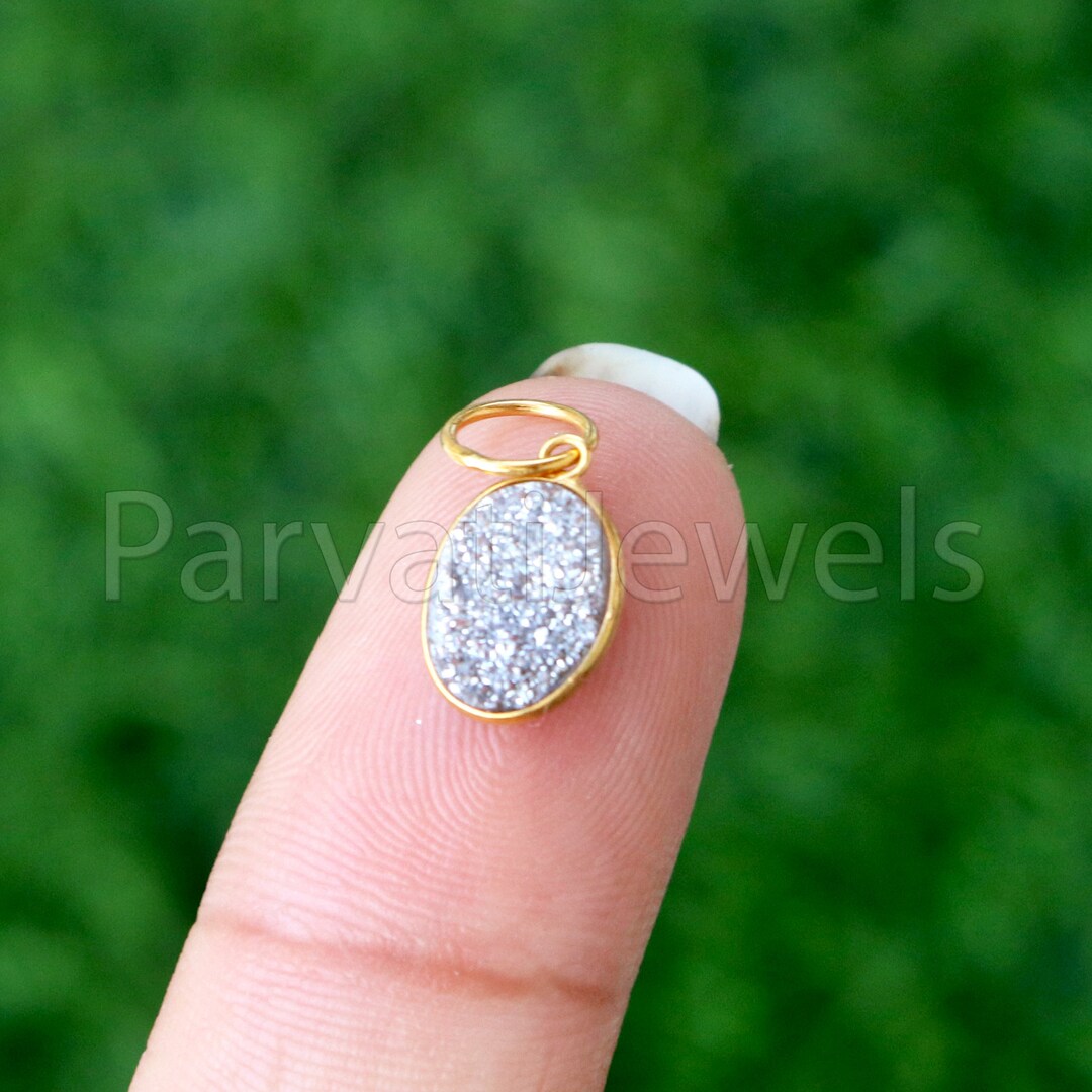 Silver Aura Druzy Charm 18k Solid Gold Charm Natural Silver Etsy