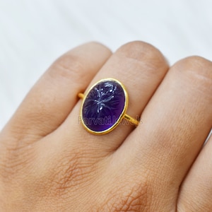 Solid Gold Natural Amethyst Ring, Oval Shape Carving Amethyst Ring Solid Gold Ring, 14K & 18K Solid Gold Ring Jewelry, Handmade Gold Ring,