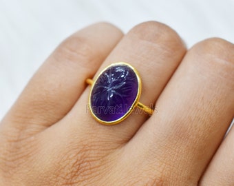 Solid Gold Natural Amethyst Ring, Oval Shape Carving Amethyst Ring Solid Gold Ring, 14K & 18K Solid Gold Ring Jewelry, Handmade Gold Ring