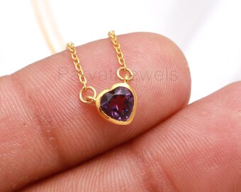 18k Solid Gold Amethyst Heart Necklace, February Birthstone