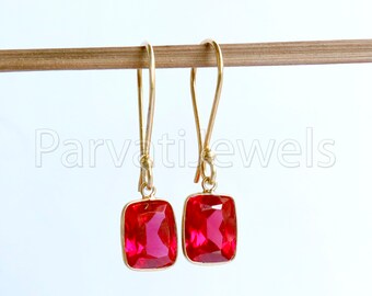 Handmade 14K Gold Dangle Earrings, Lab Ruby, Personalized