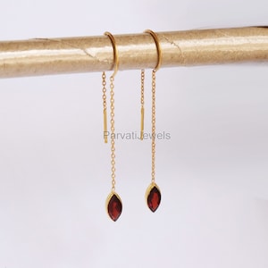 Natural Garnet  Solid 18k Gold Earring, Handmade Gold Earring, Minimalist Hanging Earring,  Thread Earring, Gift for Her, January Birthstone