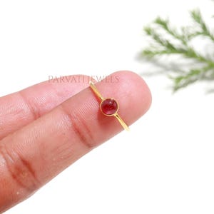 Pode incluir: Um anel fino dourado com uma pequena pedra preciosa vermelho-escura, redonda e engastada em bisel. A banda é lisa e de cor dourada metálica. O texto PARVATI JEWELS é visível ao fundo. O design é simples, focando no contraste entre a banda dourada e a pedra vermelha.
