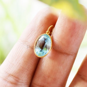 AA Swiss Blue Topaz 18k Solid Gold Charm Pendant, 18K Solid Gold Oval Shape Topaz Handmade Charm, November Birthstone Charm Gift For Her