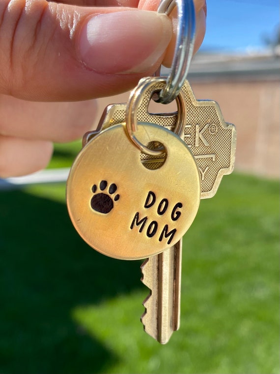 Hand-Stamped Brass Dog Mom Keychain: Personalized Pet Lover Gift