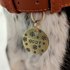 Personalized Christmas Snowflake Dog Tag: Classic Round Brass Minimalistic Pet Tag / Holiday Gift For Pet Lovers / Puppy Tag / Cat ID Tag