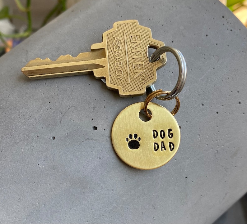 May include: A gold-toned key chain with a round tag that says "DOG DAD" with a paw print. The key chain is attached to a silver key with a brass key head that says "EMTEK ASSA ABLOY".
