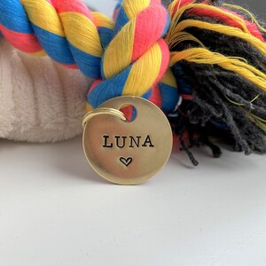 May include: A brass dog tag with the name "LUNA" engraved on it, with a small heart symbol below the name. The tag is attached to a colorful rope toy.