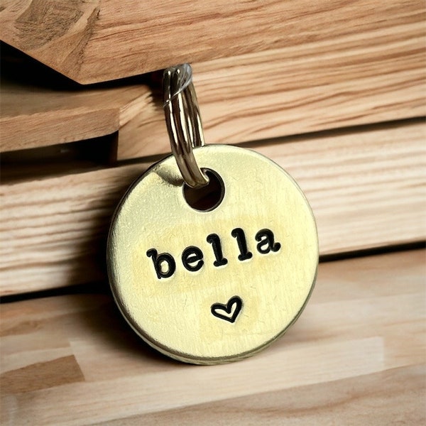 BELLA: Vintage Style Hand-Stamped Brass Dog Tag - Customizable Pet ID for Classic Elegance